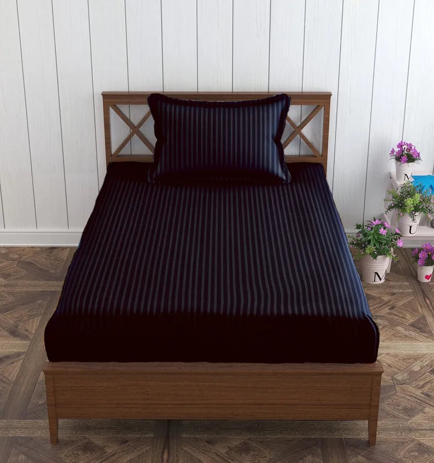 Trance Home Linen Cotton 78X36 Inch Single Fitted 200TC Satin Stripe Elastic Fitted Bedsheet With 1 Pillow Covers Colour Black