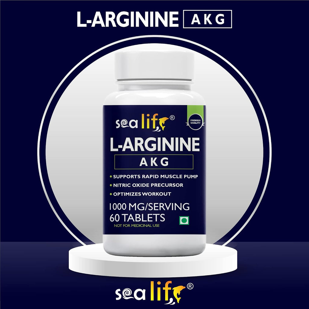 Sea Life L-Arginine AKG 1000 mg (60 Veg Tablets) | Boosts Stamina & Supports Rapid Muscle Pump | Nitric Oxide Precursor | Muscle Building Amino Acid | High Absorption L Arginine Supplement