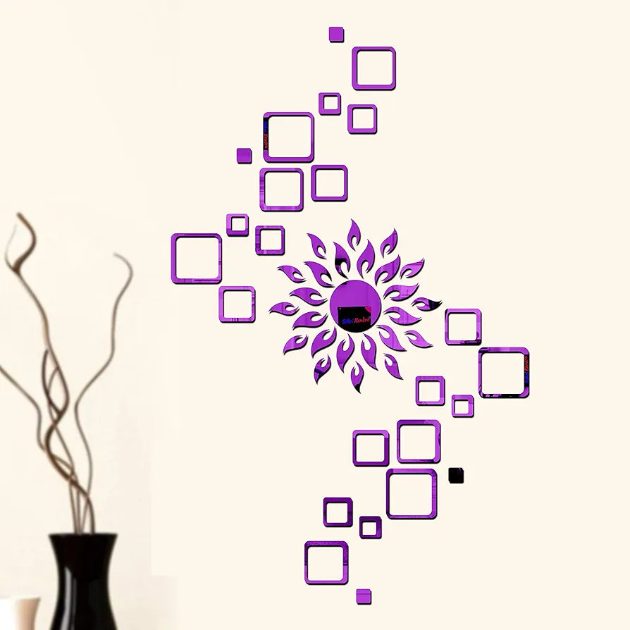 Bikri Kendra Glass Art Bk116, Sun Purple With Square Purple 4 Set 3D Acrylic Mirror Stickers For Wall