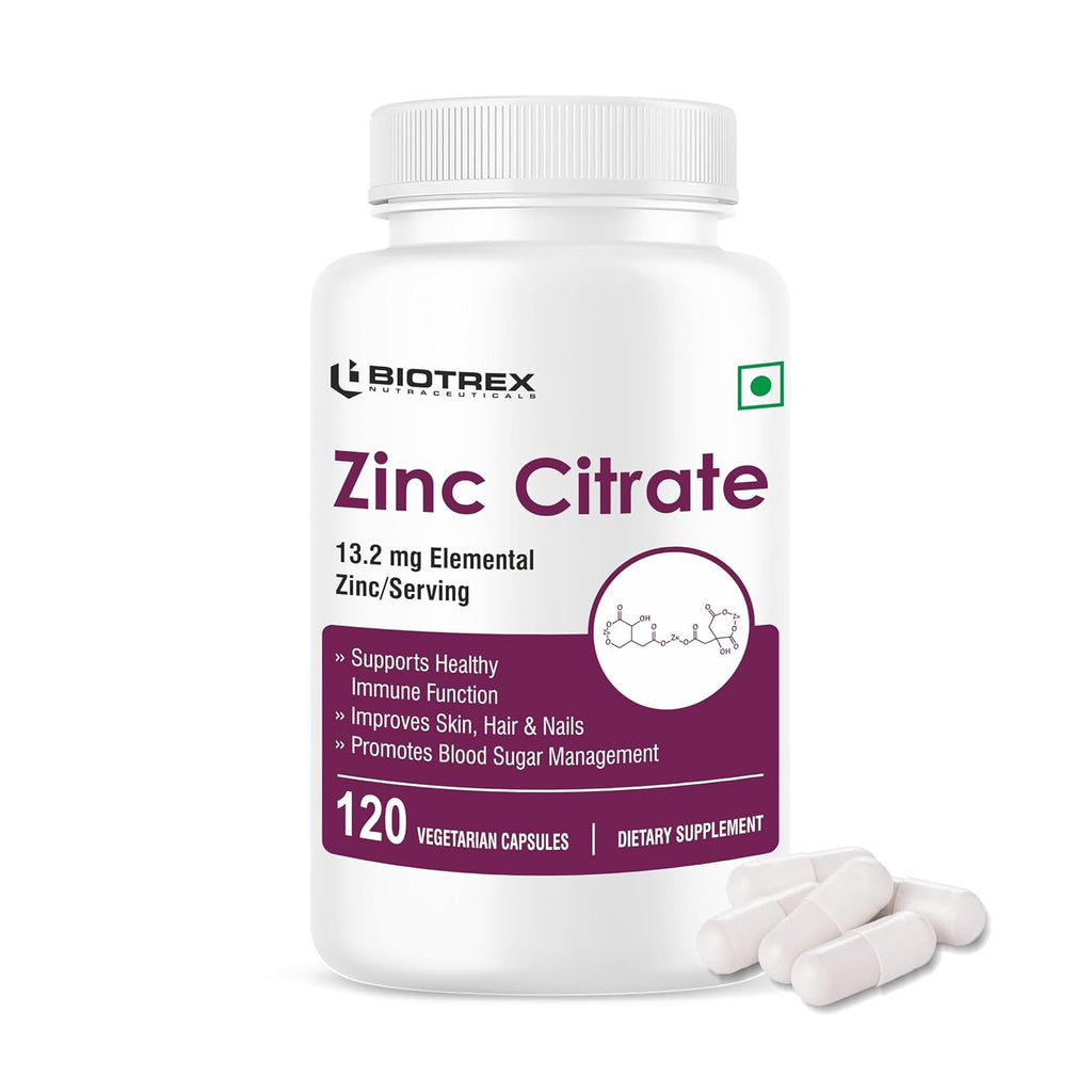 Biotrex Nutraceuticals Zinc Citrate Supplement | Immunity & Growth | Better Immune System & Overall Healing | Well Absorbed Zinc | 120 Veg Capsules