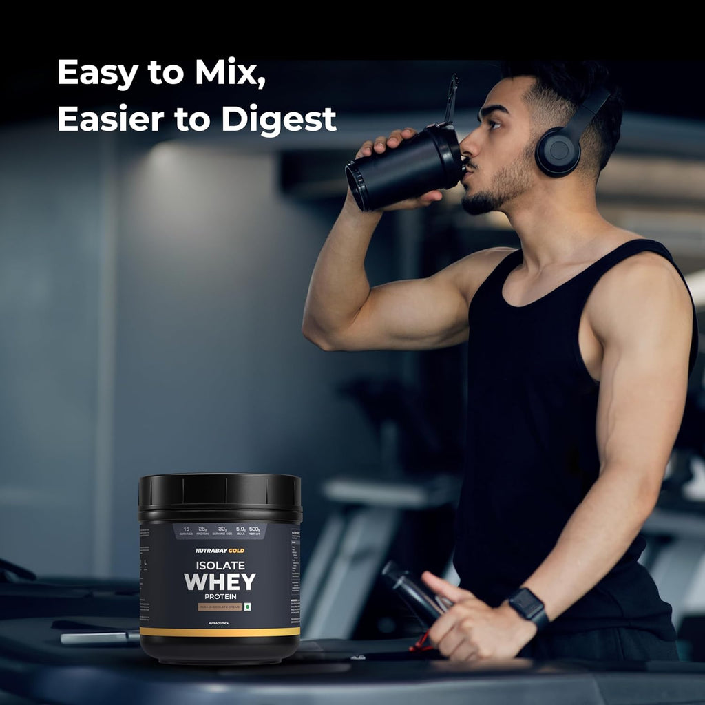 Nutrabay Gold Whey Protein Isolate Powder 25g Protein, 5.9g BCAA per Serving, Easy to Digest, NABL Lab Tested â€“ Muscle Growth & Recovery â€“ 500g, Rich Chocolate CrÃ¨me|100% Authentic Clean Protein