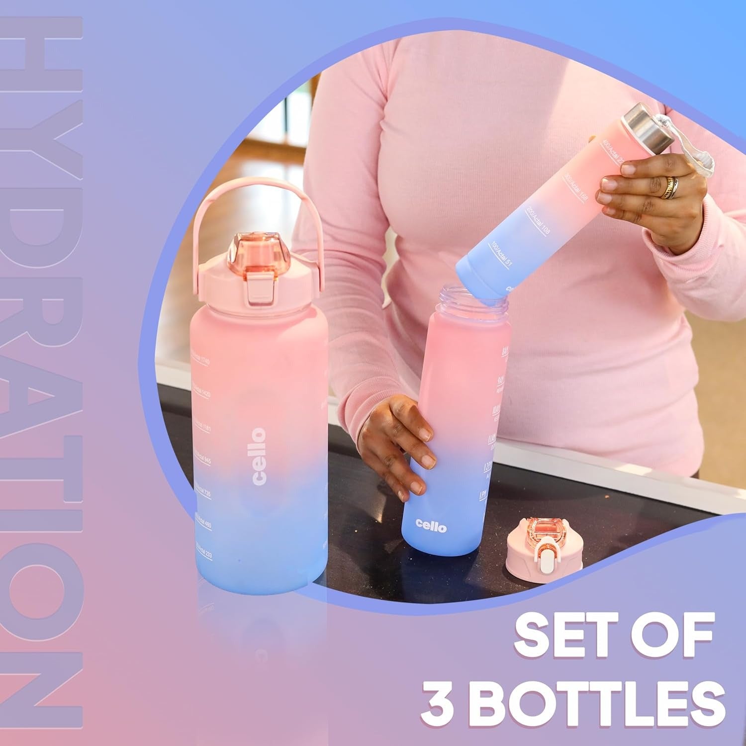 CELLO All Day Set of 3 Pieces Water Bottles (310ml, 790ml, 2085ml)
