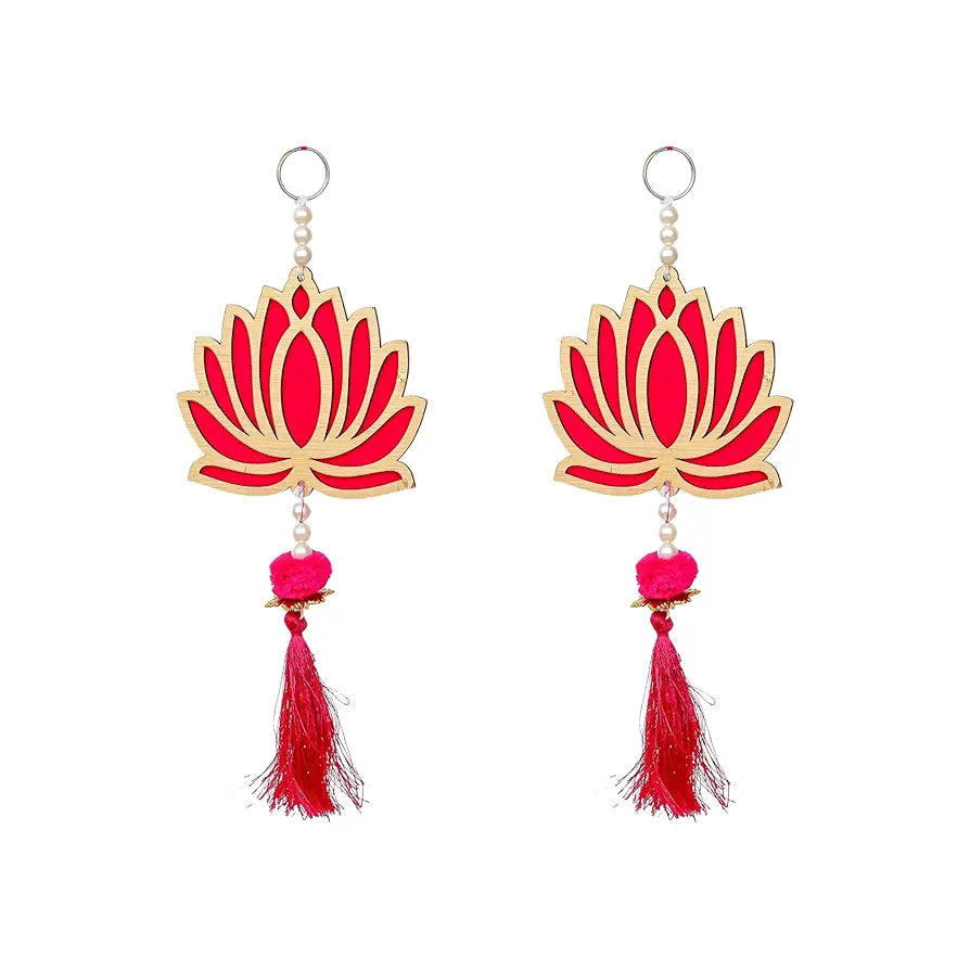 Wood Lotus Flower Decorative Wall Hanging Red and Golden