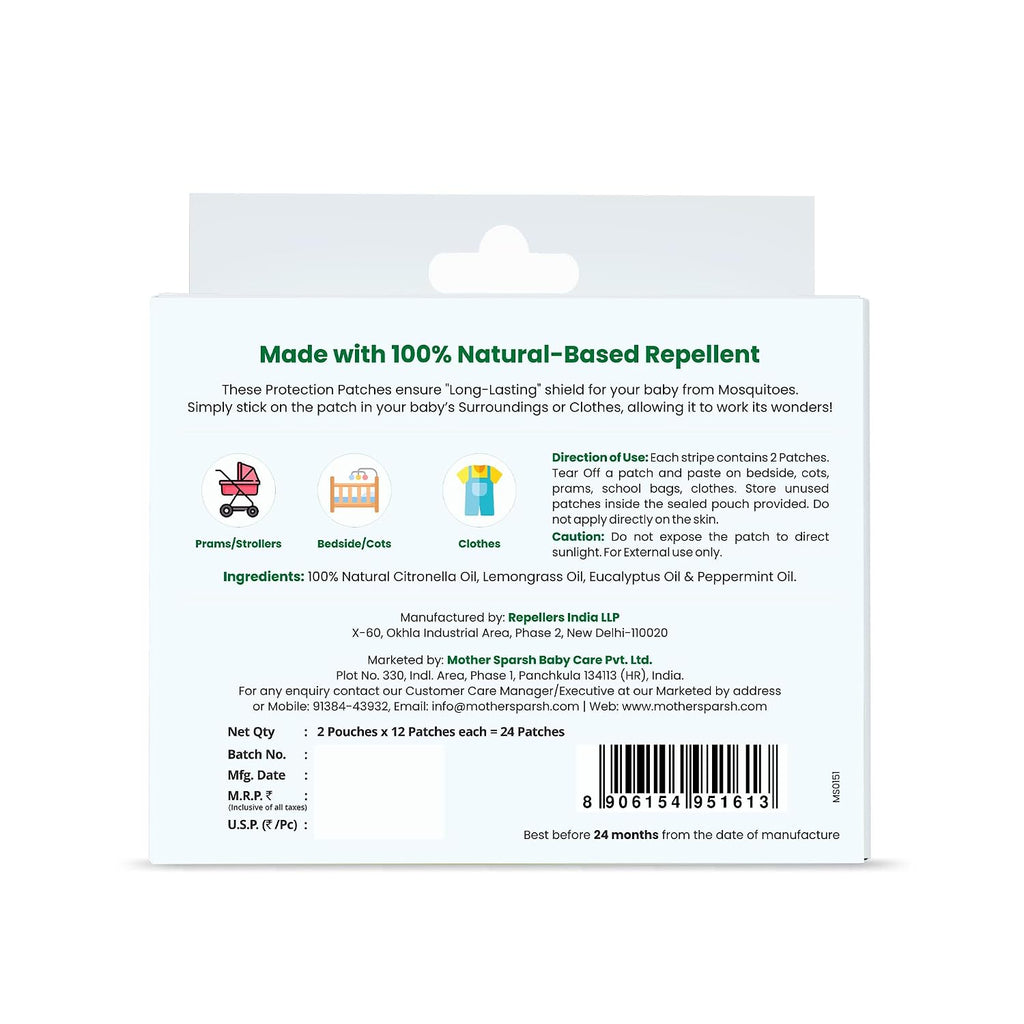 Mother Sparsh 100% All Natural Mosquito Repellent Patches for Babies with 12hr. Protection | With Citronella, Lemongrass & Eucalyptus Oil Protects from Dengue, Malaria, Chikunguniya (24 Patches)