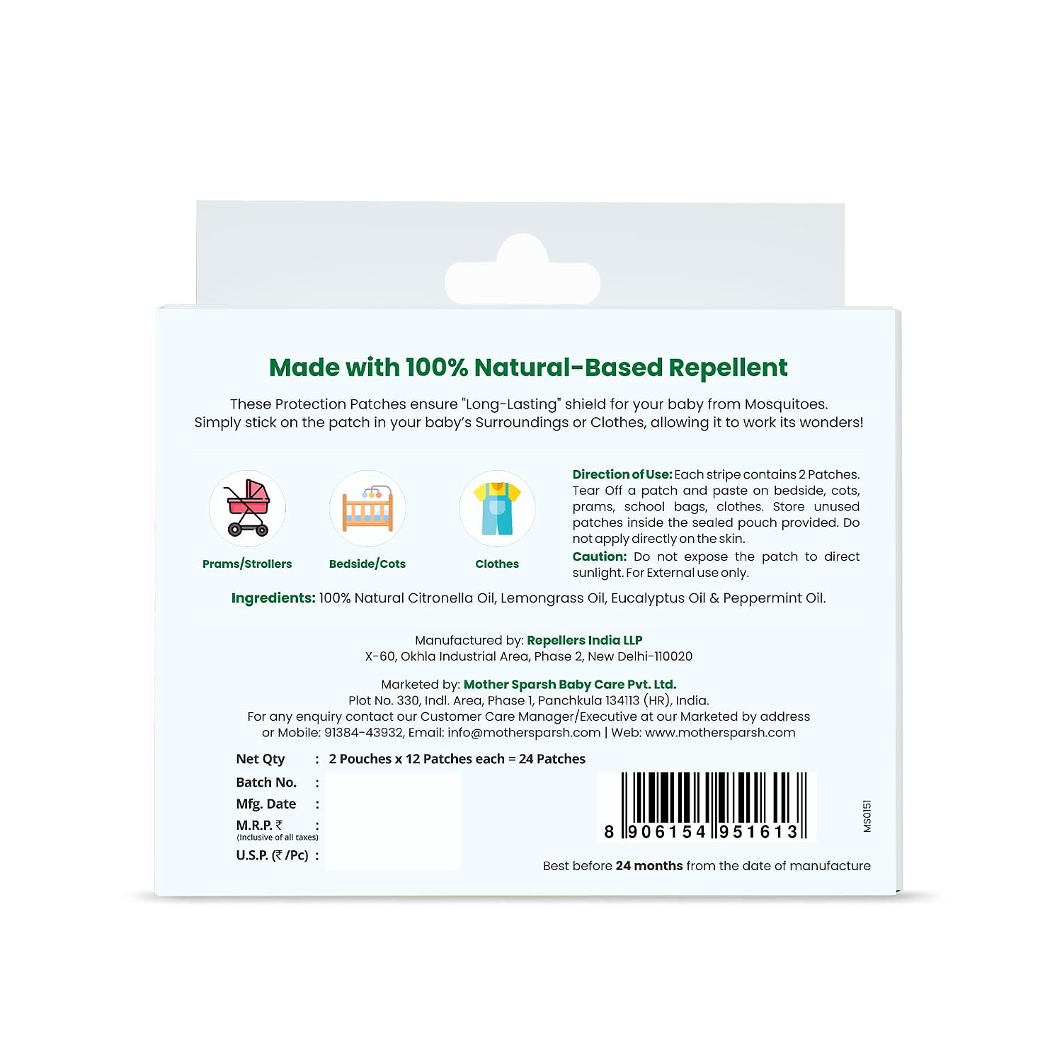 Mother Sparsh 100% All Natural Mosquito Repellent Patches for Babies with 12hr. Protection | With Citronella, Lemongrass & Eucalyptus Oil Protects from Dengue, Malaria, Chikunguniya (24 Patches)