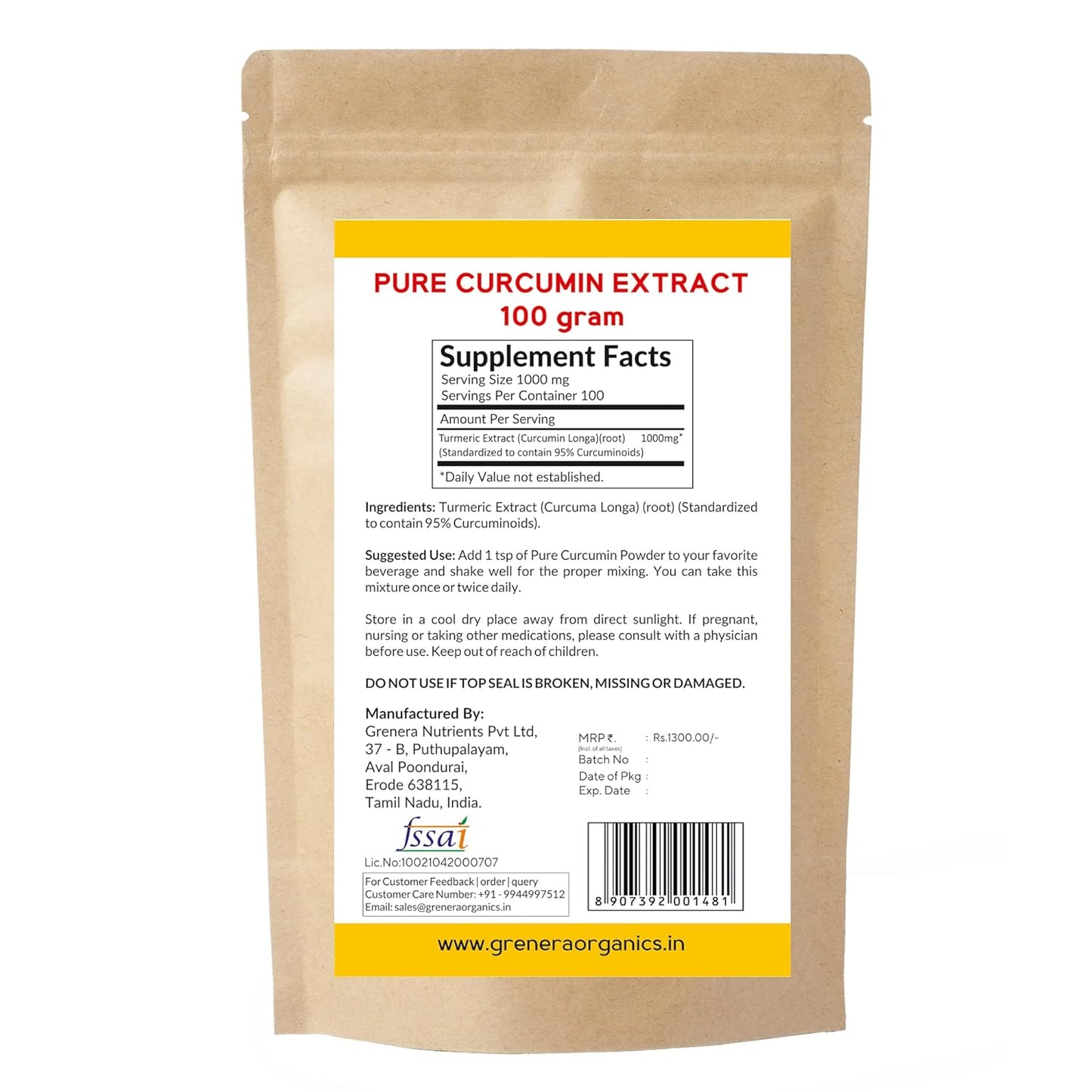 Grenera Pure Curcumin Extract Powder - 100 gms