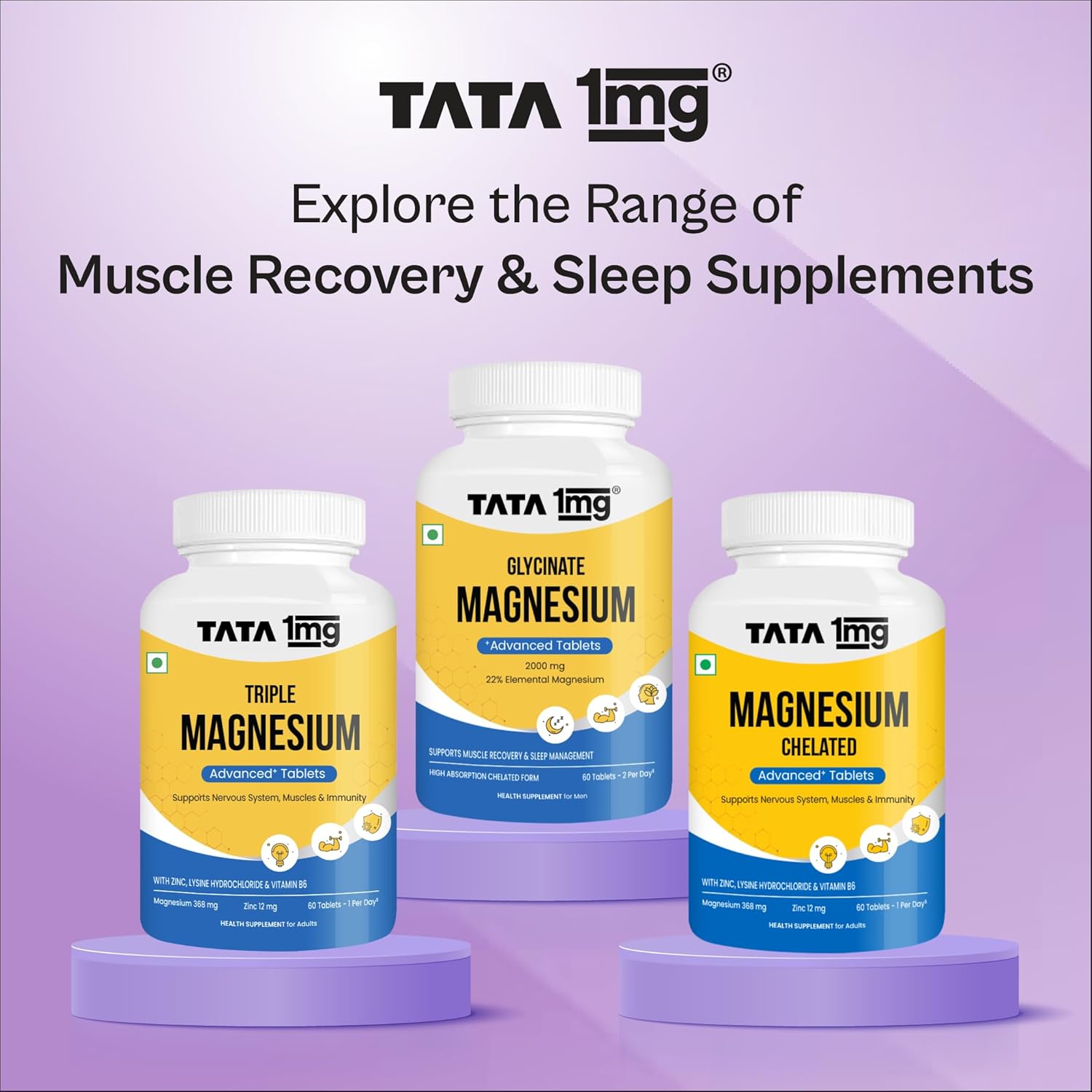 Tata 1mg Magnesium Glycinate Tablets |2000mg | High Absorption Chelated form for Muscle Recovery, Sleep & Nerve Health | 2000mg Per Serving â€“ 60 Veg Tablets