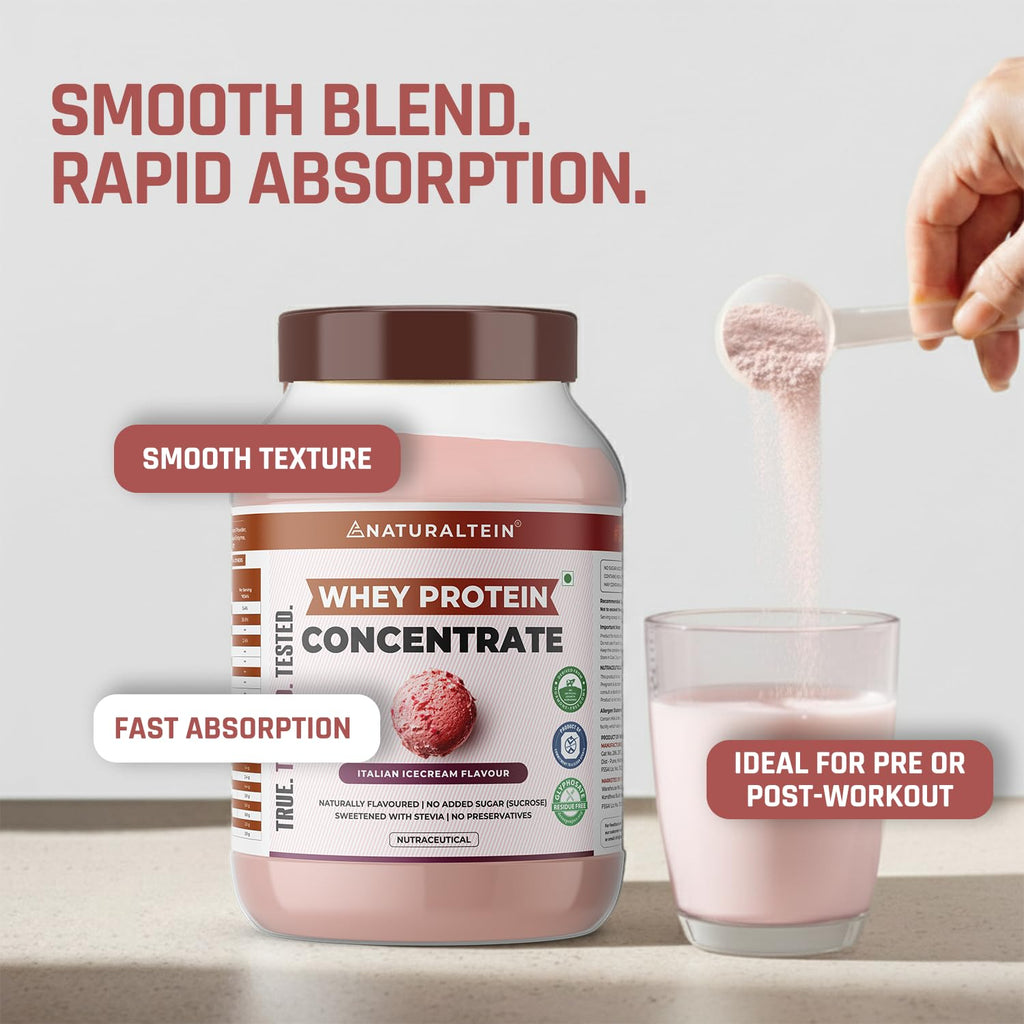 NATURALTEIN Natural Whey Protein Concentrate Italian Ice Cream â€“ 1 kg | 21.1 g Protein per Serving | Naturally Flavoured | No Artificial Sweeteners | Soy-Free, Gluten-Free & Easy to Digest