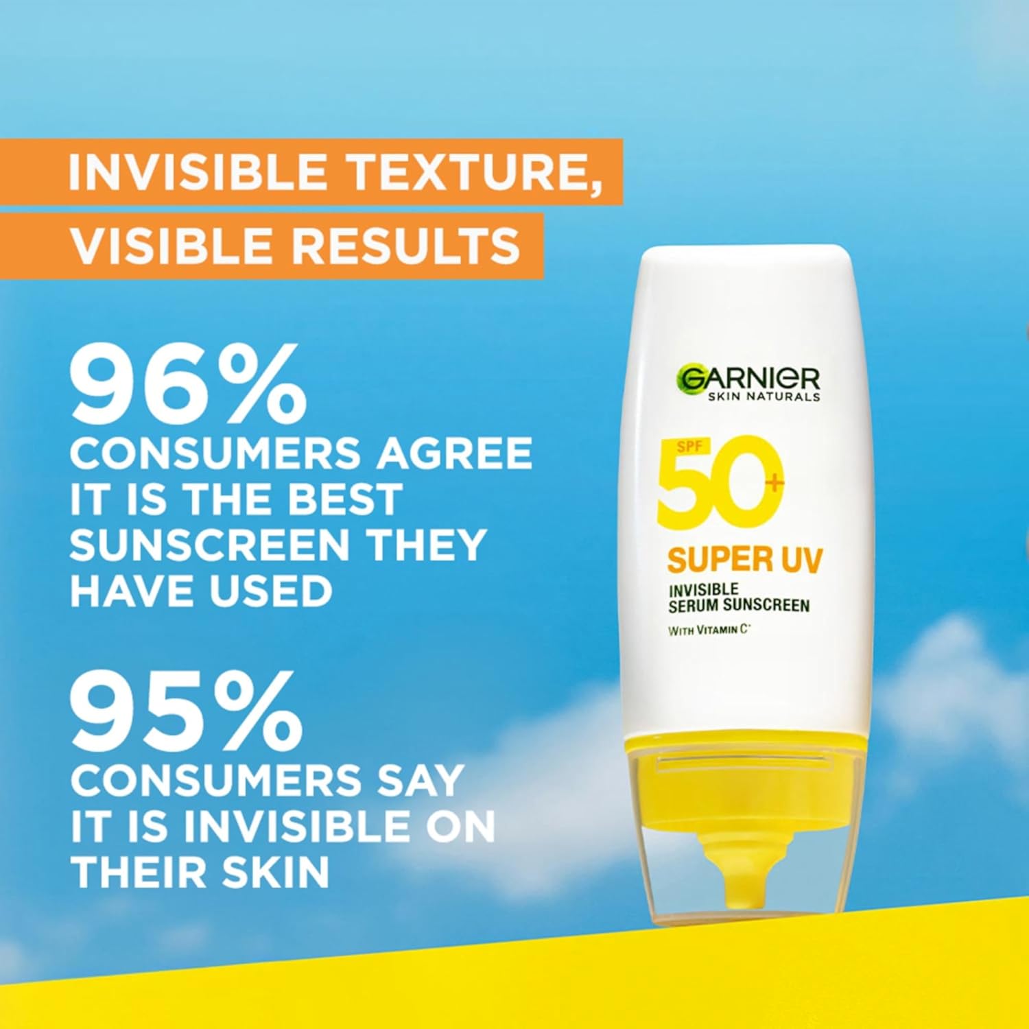 Garnier Super UV Invisible Serum Sunscreen SPF 50 PA++++ UVA/B for Broad Spectrum | Lightweight with Vitamin C | No White Cast | For All Skin Types (Oily, Dry, Acne-prone) | For Men & Women 30ml