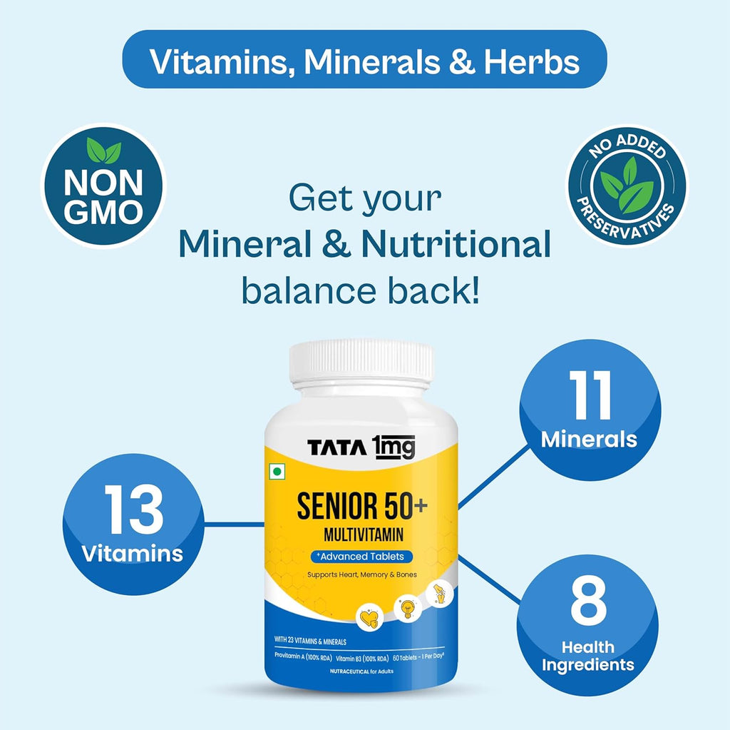 Tata 1mg Senior 50+ Multivitamin & Multimineral Veg Tablet with Calcium for Bone, Skin, Eye, Immunity, Heart & Joints, For Men & Women, Non-GMO & No Added Preservatives (Pack Of 60)
