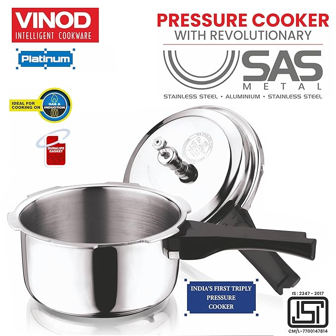 Vinod Platinum Triply Stainless Steel Outer Lid Pressure Cooker 5 Litres