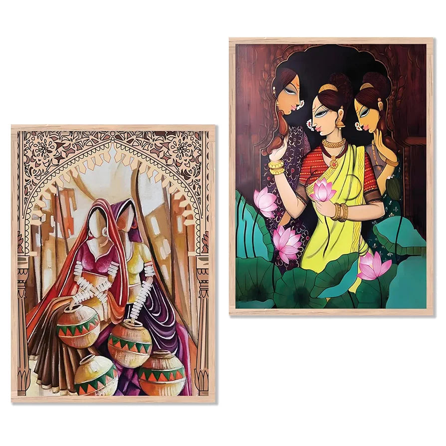 Kotart Traditional Woman Painting with Frame for Home Decoration Madhubani Art Painting Pack of 2 Design04