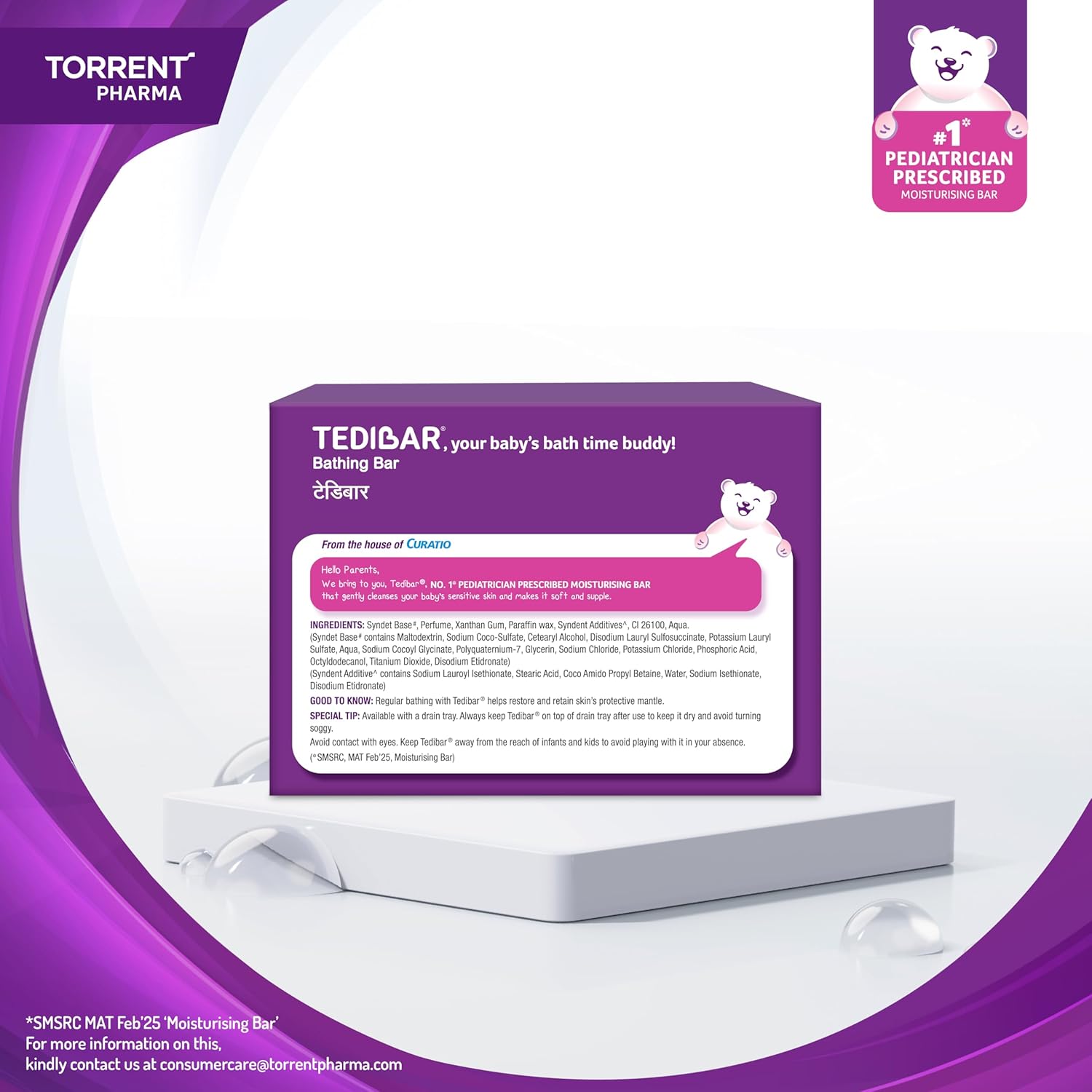Tedibar Moisturising Baby Bathing Bar 75gx3 (Pack of 1) 100% Soap Free No. 1* Pediatrician Prescribed Moisturising Bar - By Torrent Pharma