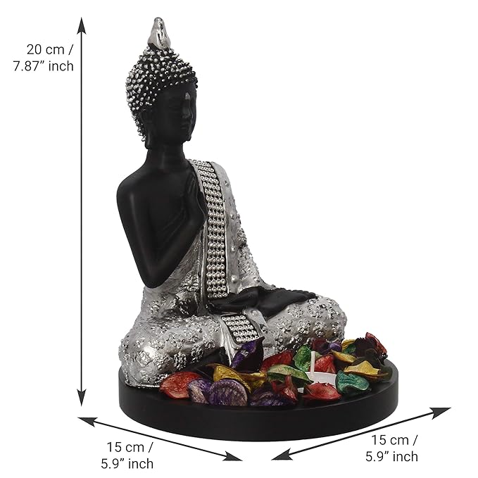 Ecraftindia Black & Silver Polyresin Meditating Blessing Lord Buddha Statue With Wooden Base | Tealight Candle Holder for Home
