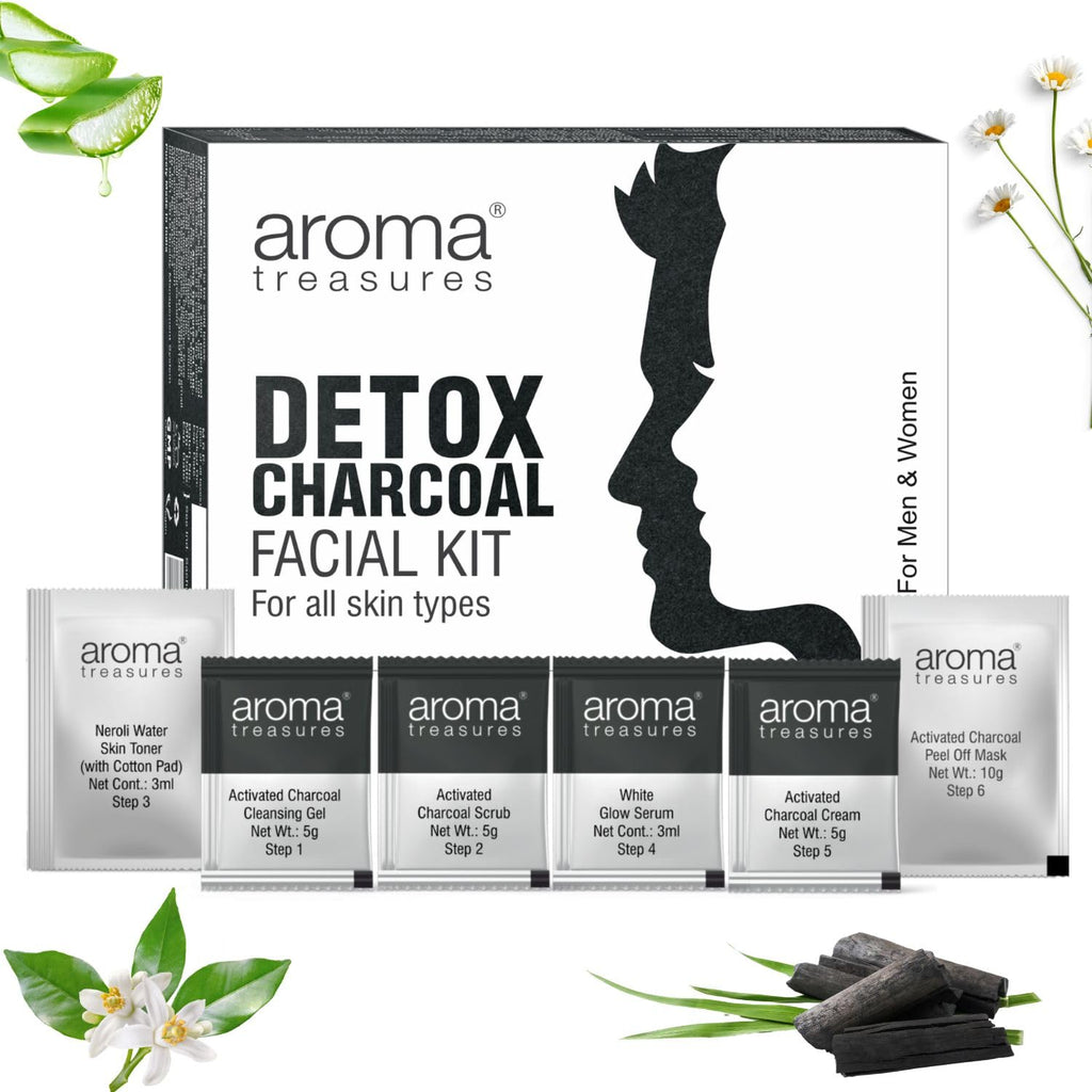Aroma Treasures Detox Charcoal Facial Kit | Deep Pore Purifying 6-Step Home Facial | Removes Impurities, Excess Oil & Tan | Brightening, Clarifying & Instant Glow Facial for All Skin Types – 43g/ml