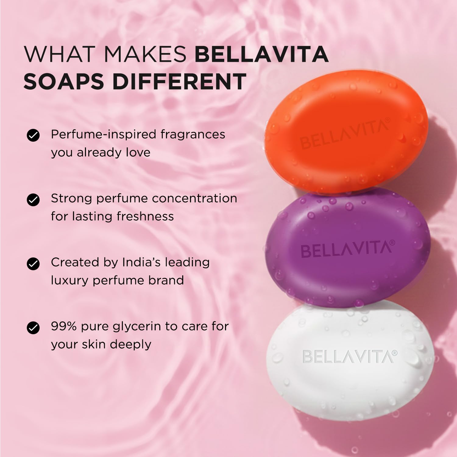 BELLAVITA Perfume Bathing Soap Bar for Women 3 x 100Gm with Pure Glycerin for Glowing Skin | Date, Glam and White Oud | Paraben and SLS Free