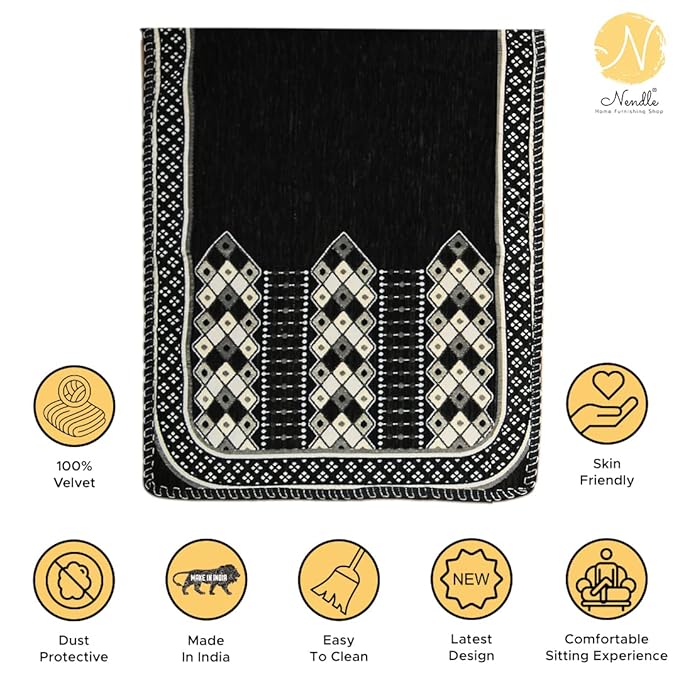 Nendle Luxurious Soft Velvet Abstract Design Sofa Cover 3 Seater and 2 Seater 5 Seater (Pack of 4, Black)