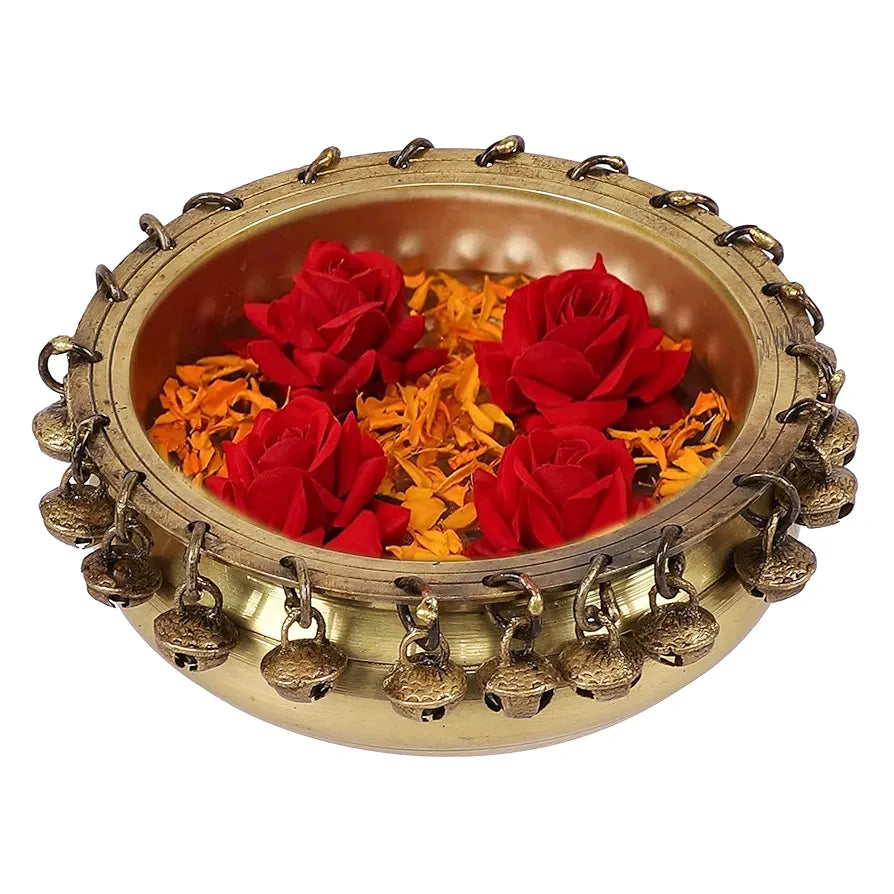 Two Moustaches Ethnic Traditional 6 Inches Brass Urli Bowl with Bells