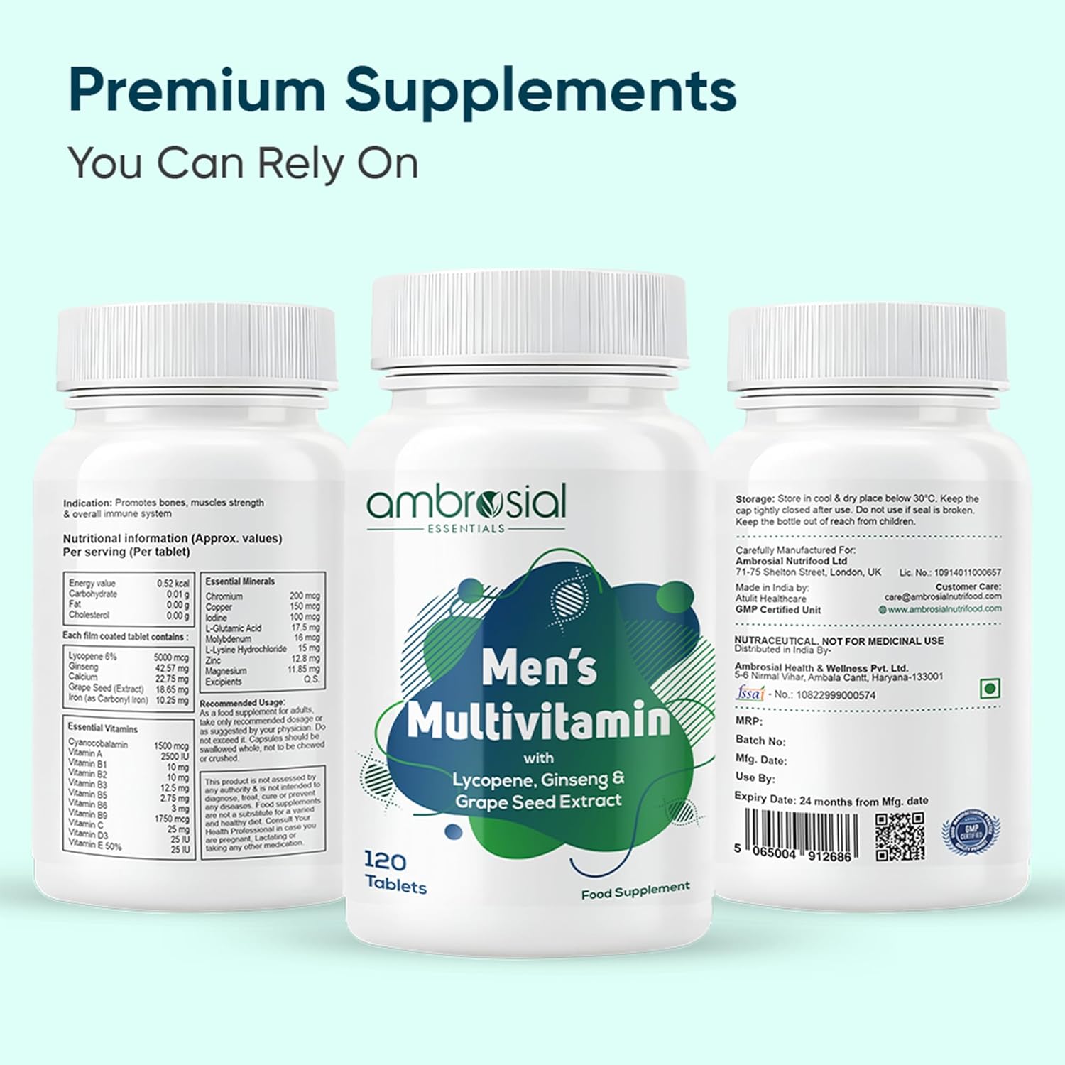 Ambrosial Men's Multivitamin Tablets - Multivitamin for Men with Lycopene, Ginseng & Grapeseed extract- Multivitamins for Men, Supports Muscle Strength, Immunity, Energy & Endurance 120 Tablets