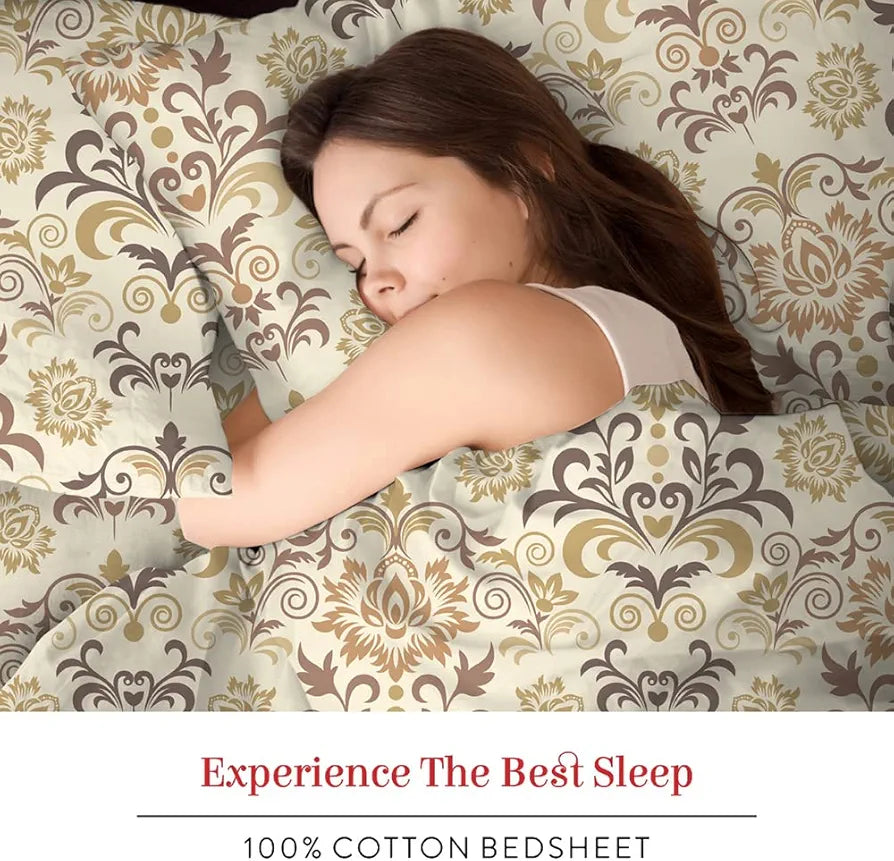 Layers Cotton Bedsheet for Single Bed with 1 Pillow Cover Light Weight Breathable Moisture Absorbent Brown Ethnic Pattern