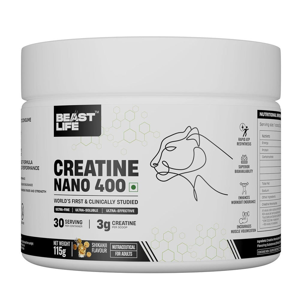 BeastLife Creatine Nano 400 | Shikanji | 115 Gm | 30 Serving | World’s First Finest & Clinically Studied Creatine | Ultra Fine, Ultra Soluble, Ultra Effective | Zero Sugar | NABL Lab Tested | Premium Sports Nutrition for Strength & Performance