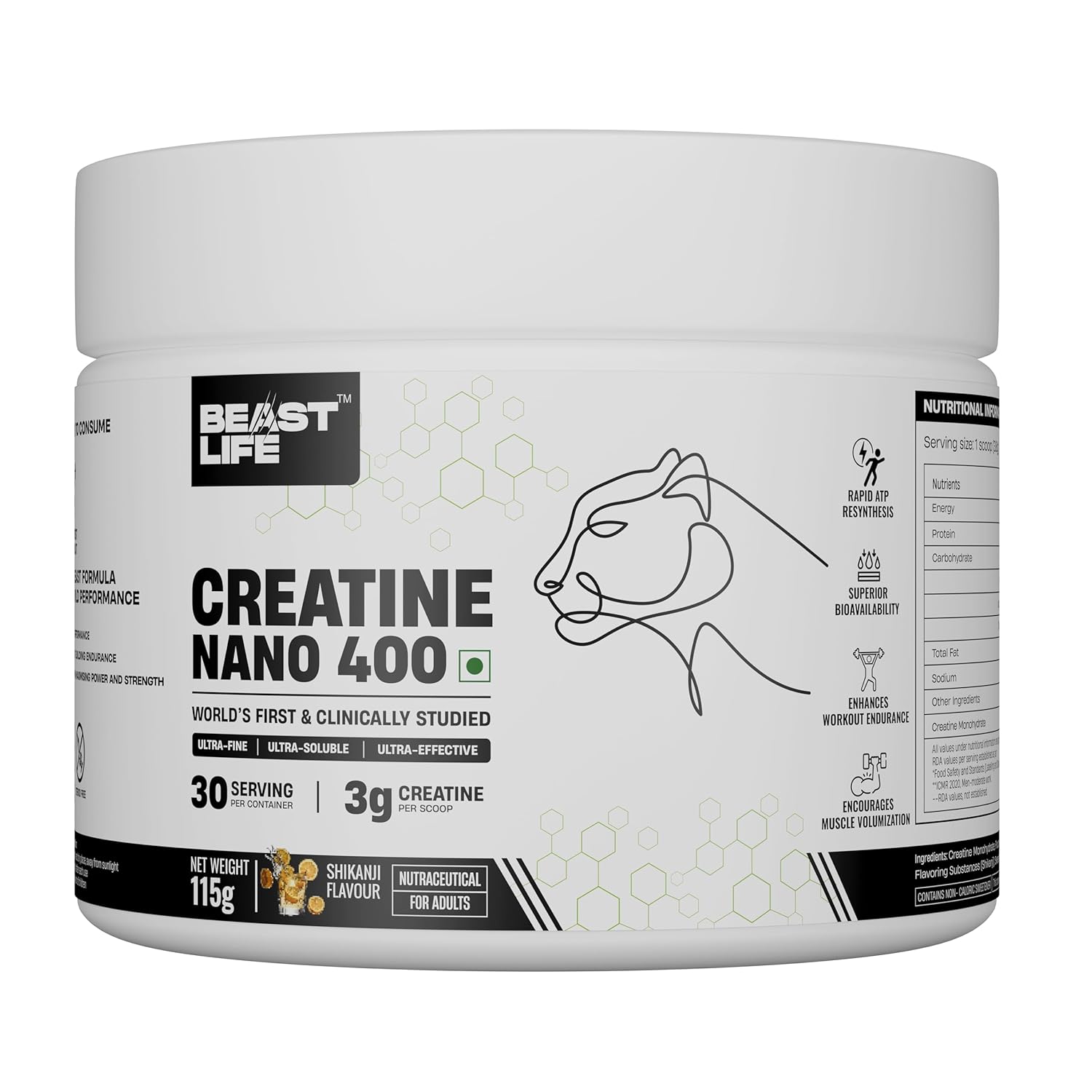 BeastLife Creatine Nano 400 | Shikanji | 115 Gm | 30 Serving | World’s First Finest & Clinically Studied Creatine | Ultra Fine, Ultra Soluble, Ultra Effective | Zero Sugar | NABL Lab Tested | Premium Sports Nutrition for Strength & Performance