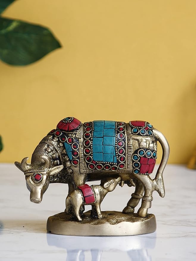 Ecraftindia Golden Stone Work Handcrafted Brass Cow and Calf Statue | Cow Statue With Calf Animal Figurine Decorative Showpiece