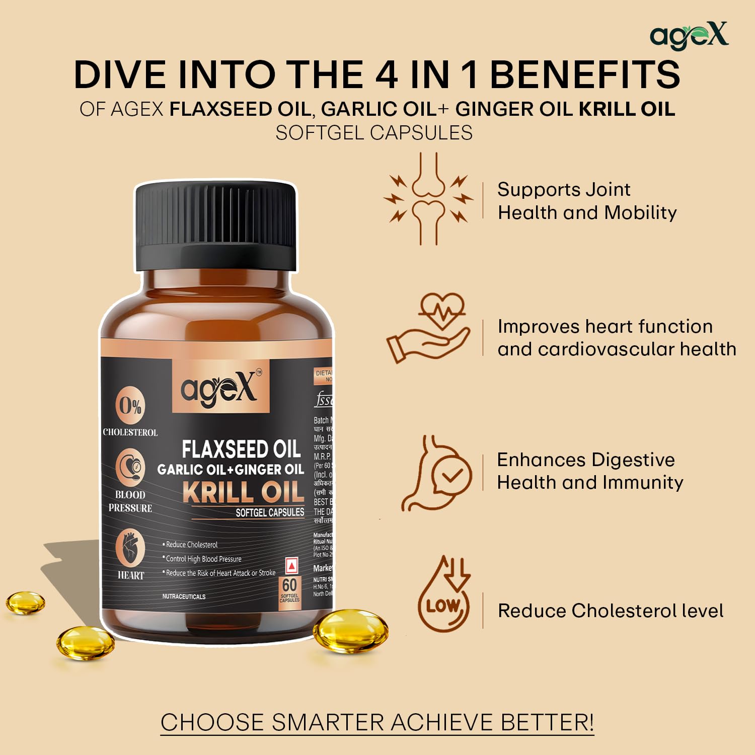 Flex Power Capsules: Flaxseed, Garlic, Ginger & Krill Oil - 60 Softgel Capsules | Nutritional Powerhouse for Vitality, Immunity, and Heart Health (Pack of 1)