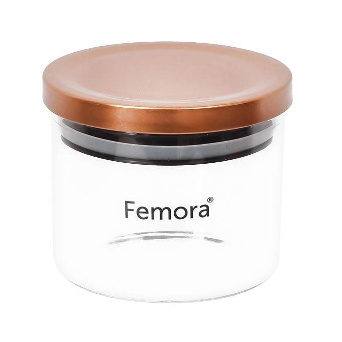 Femora Borosilicate Glass Jar With Golden Metallic Lid | Jars for Kitchen Storage | 300 Ml | Set of 2