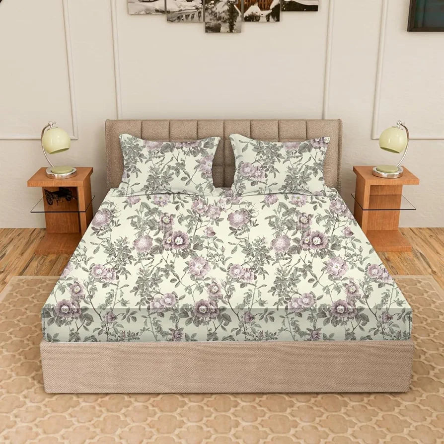 Trance Home Linen Skin Friendly 100% Cotton Printed Fitted Bedsheet for Queen Size Bed with 2 Pillow Cover Premium 180TC Colour Lilac Splendor