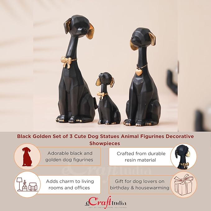 Ecraftindia Black Golden Set of 3 Cute Dog Statues Animal Figurines Decorative Showpieces