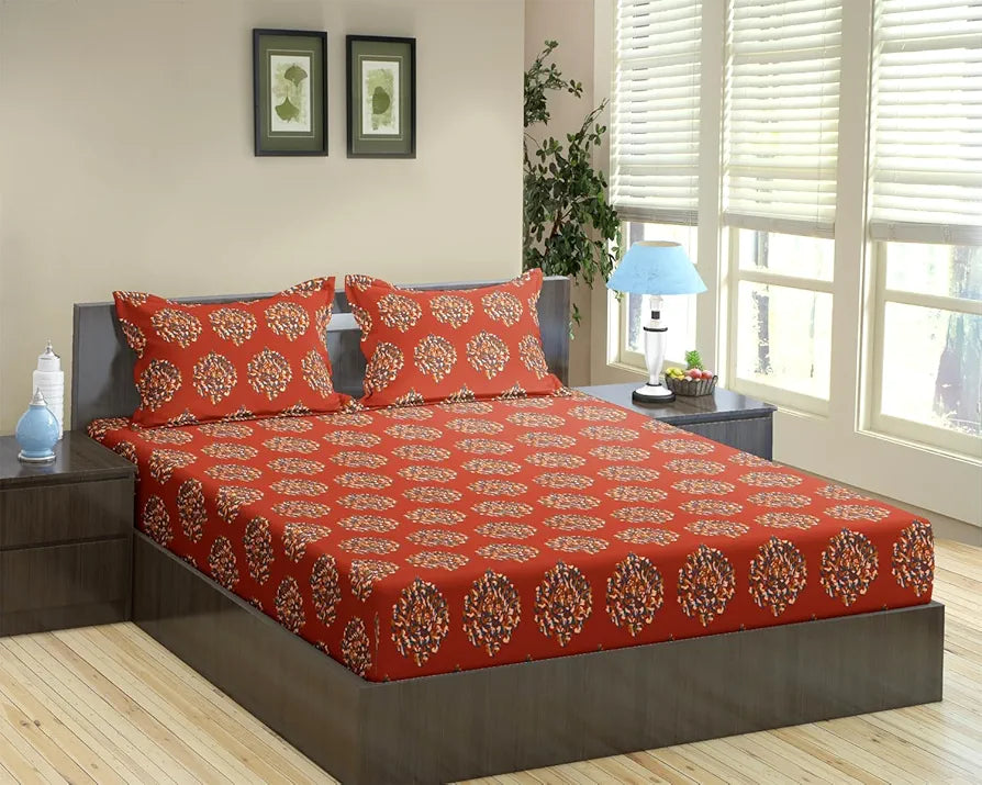 Trance Home Linen 200TC 100% Cotton 78"x36" Single Size Elastic Fitted Bedsheet Printed Bedspread with 1 Pillow Cover Colour Damask Clay Red