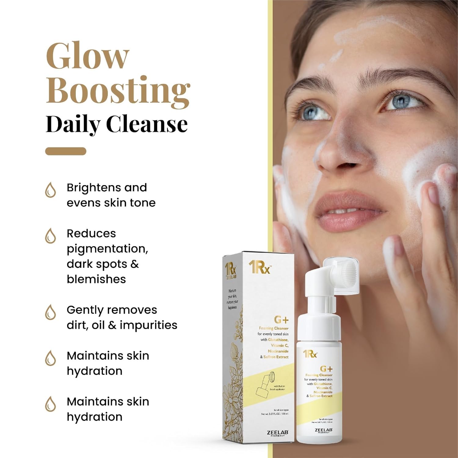 Zeelab G+ Foaming Cleanser with Glutathione, Vitamin C & Niacinamide | Brightening Face Wash with Saffron Extract | Helps Reduce Pigmentation & Dark Spots | Gentle Daily Cleanser for All Skin Types 150ml