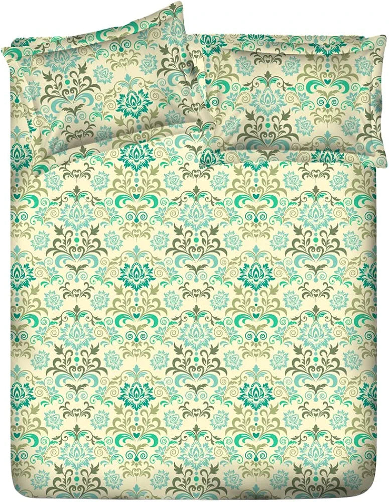 Layers Classic Cotton Bedsheet Set for All Seasons Lightweight 104 TC Queen Size Green, Ethnic Pattern