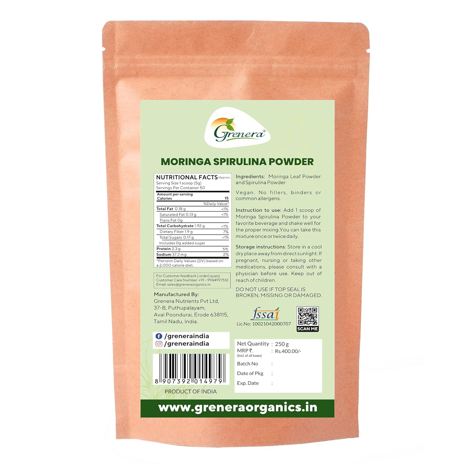 Grenera Moringa Spirulina Powder - 250 gms