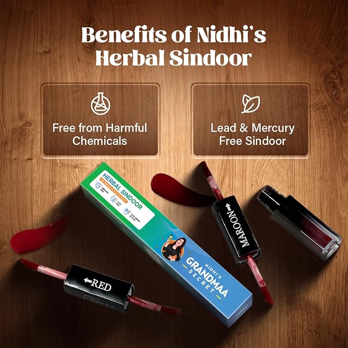 Nidhi's Grandmaa Secret Herbal Sindoor With Rosemary & Curcumin Extracts Smudge Proof Dual Liquid Sindoor Red & Maroon - 5 Ml