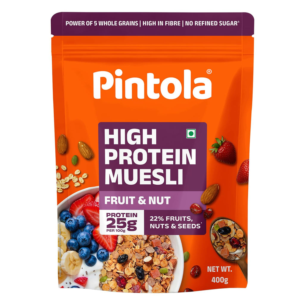 Pintola 25g High Protein Fruit & Nut Muesli 400g, Naturally Sweetened with Organic Jaggery & Dates, No Refined Sugar, Gluten-Free, Breakfast Cereal