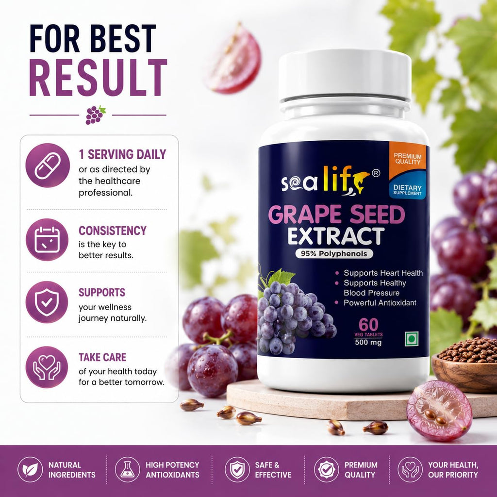 Sea Life Grape Seed Extract | 500 mg 60 Tablets | Antioxidant Supplement Strengthens Immunity, Helps Fight Infections, Promotes Healthy Skin and Hair| For Women and Men.