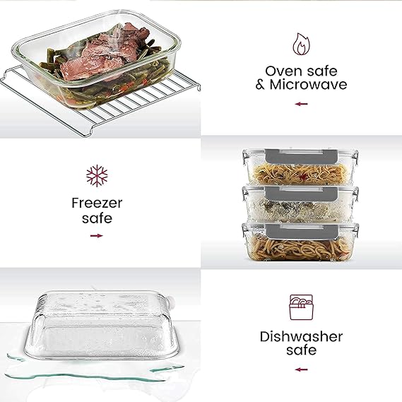 Femora Borosilicate Square Microwave Oven Safe Glass Container With Dectahable & Break Free Lid | Black Color | 300,500,800 Ml