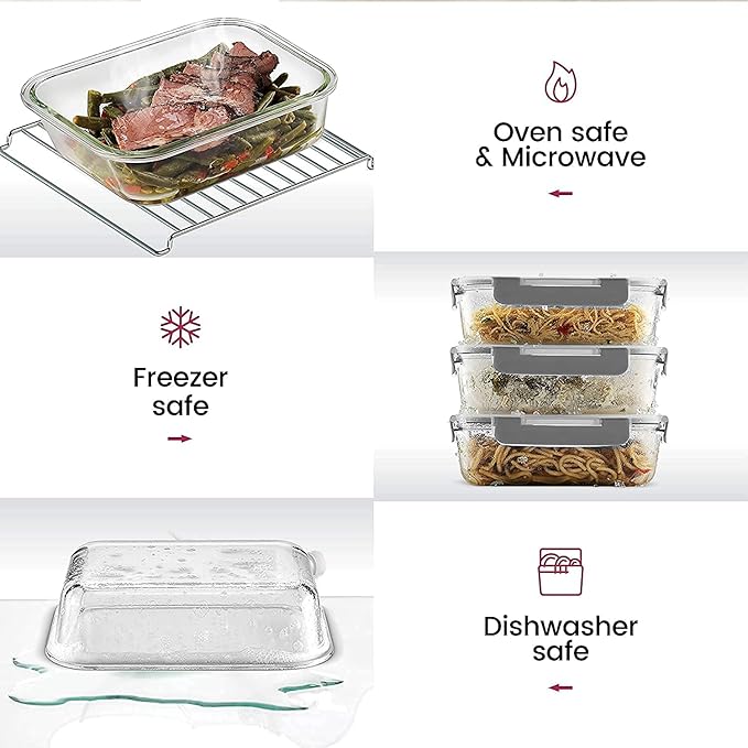 Femora Borosilicate Rectangle Glass Container With Dectahable & Break Free Lid | Black Color | 620 Ml | Set of 3