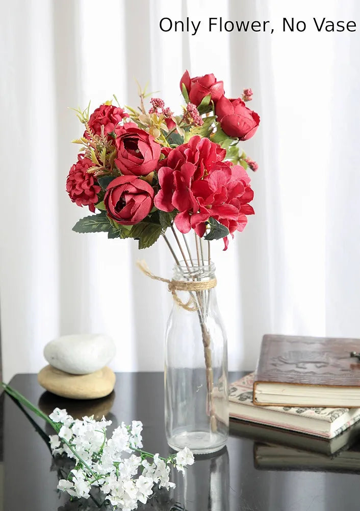 Artificial Head Rose Peony Fake Flowers Sticks Bunch Red
