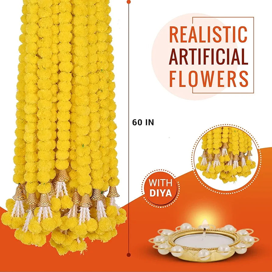 Artificial Genda Phool for Decoration Flowers Garland with Bell 5 Feet Long 10 Pcs with 2 Diya Yellow+Orange