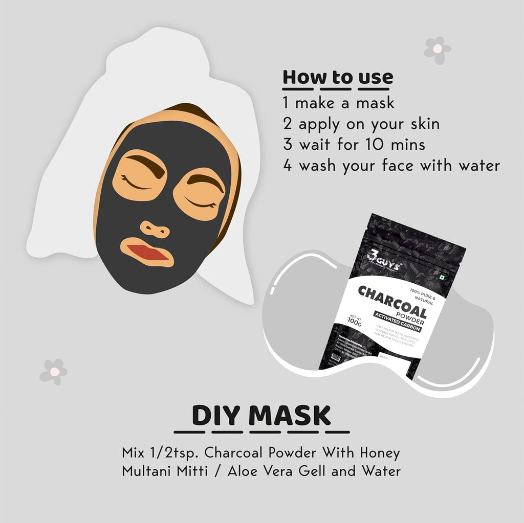 3 Guys Activated Charcoal Powder with Activated Carbon for Face Pack, Deep Cleansing and Detoxifying, 100gm
