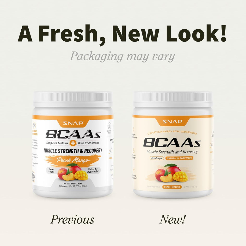 Snap Supplements BCAA Powder - 5g Vegan Branched Chain Amino Acids (2:1:1 Leucine Isoleucine Valine) + Essential Amino Acids with Nitric Oxide Booster, 30 Servings, Peach Mango