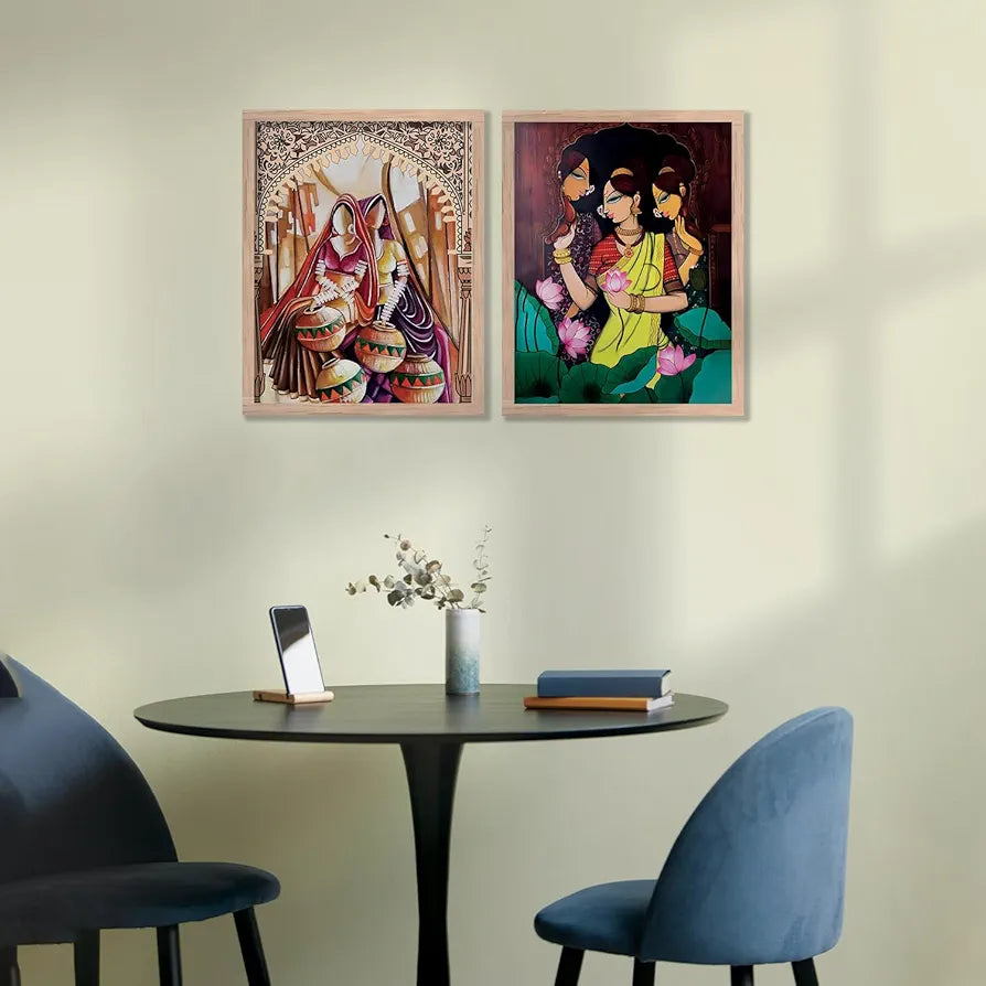 Kotart Traditional Woman Painting with Frame Madhubani Art Painting Pack of 2