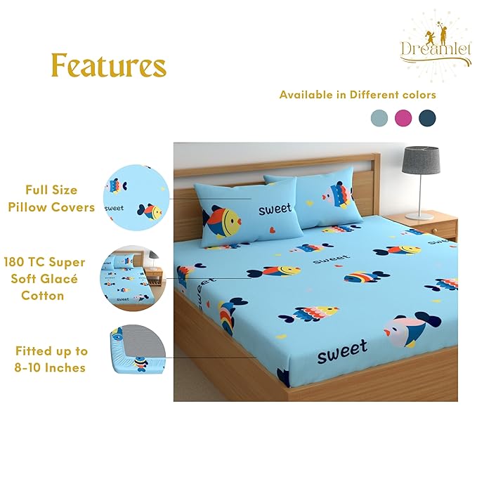Dreamlet 180tc Cotton Feel All Around Elastic Fitted Bedsheets King Size for Double Bed With 2 Pillow Covers | Sky Blue