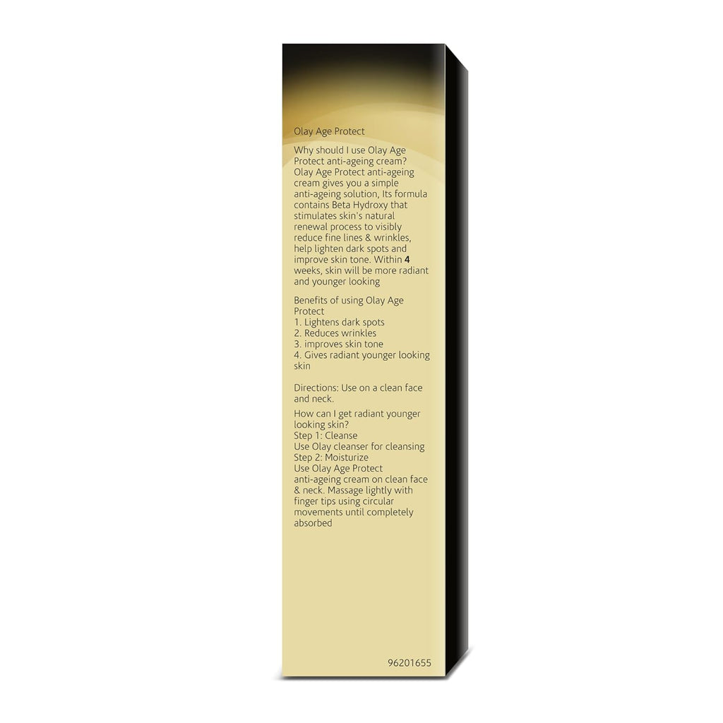 Olay Age Protect |with Salicylic Acid, Aloe Vera Extract, BHA |Stimulates skin's renewal process, gives radiant, younger looking skin |Suitable for Normal, Dry, Oily & Combination skin |18 gm