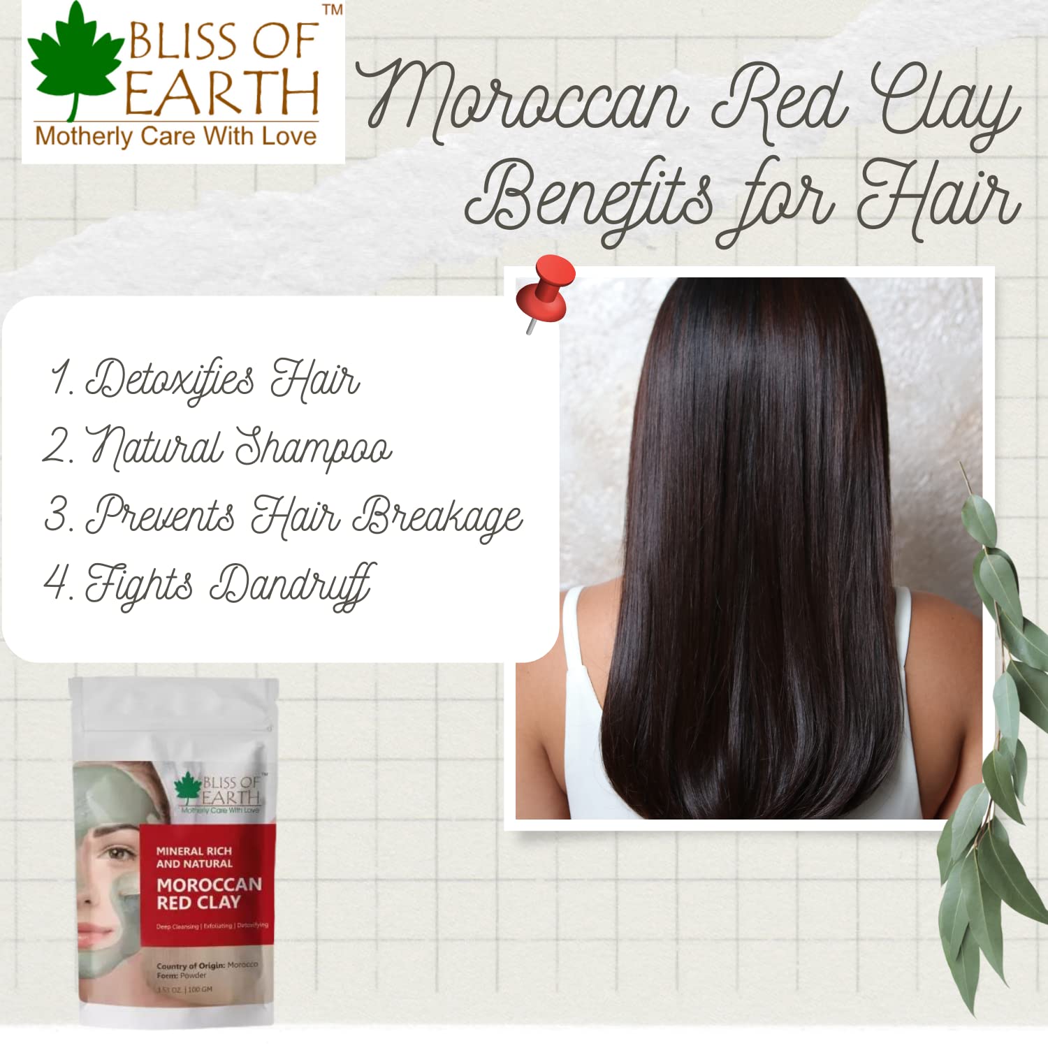 Bliss of Earth Original Moroccan Red Clay Powder | 100GM | Natural Facial Mask & Skin Care Treatment | Anti-Ageing | Heals Dry & Oily Skin | Detoxifying & Rejuvenating |
