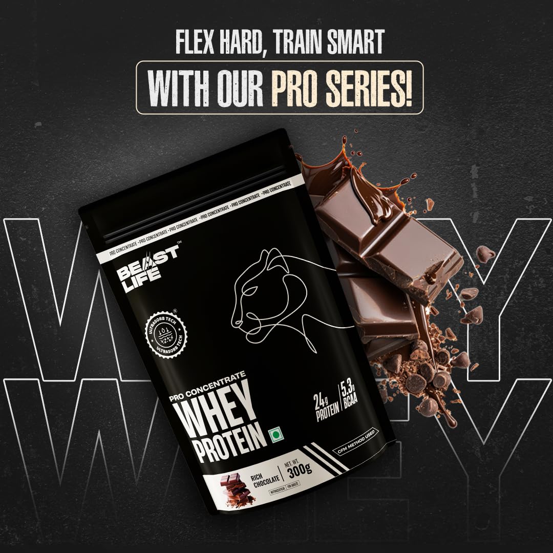 BeastLife Whey Protein Sachets 300 Gram | Rich Chocolate Flavour | 24g Protein, 5.3g BCAA, Ultrasorb Tech | High Absorption for Muscle Gain | Fast Recovery | Sports Nutrition | Travel-Friendly Nutrition | Easy to Carry & Use Anywhere