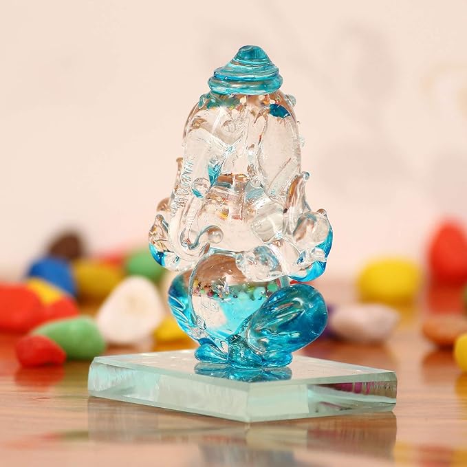 Ecraftindia Skyblue and Transparent Double Sided Crystal Car Ganesha Showpiece